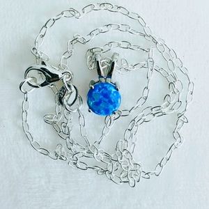Necklace Solid Sterling Silver Blue  lab Opal Chain 18 "